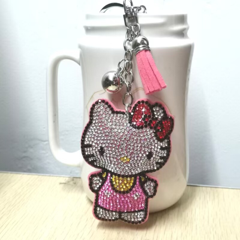 跨境热卖流苏镶钻凯蒂猫包包汽车挂件KT猫韩国绒烫钻双色钻钥匙扣