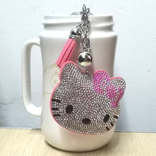 跨境热卖 韩国绒烫钻双色水钻钥匙扣 流苏镶钻猫咪包包汽车挂件时尚