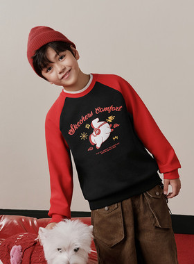 Skechers斯凯奇马年新年限定儿童秋冬红色插肩袖百搭卫衣L126K007