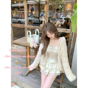 Minineed【奶油兔兔】珍珠带钻闪闪环保仿貂毛针织开衫外套毛衣