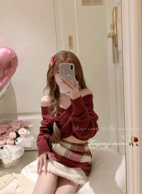 Minineed「五折清仓」圣诞毛呢包臀裙高腰红色半身裙短裙