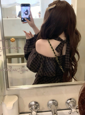 Minineed「拿铁格蕾」格纹磨毛蝴蝶结一字肩长袖