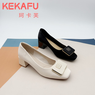 珂卡芙高跟工作鞋女2025秋新款黑色百搭职业方头浅口单鞋门店同款