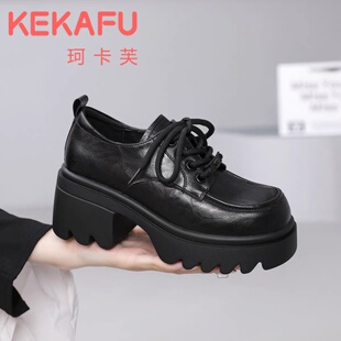 珂卡芙厚底小皮鞋2024春秋新款复古英伦系带小个子增高加绒乐福鞋