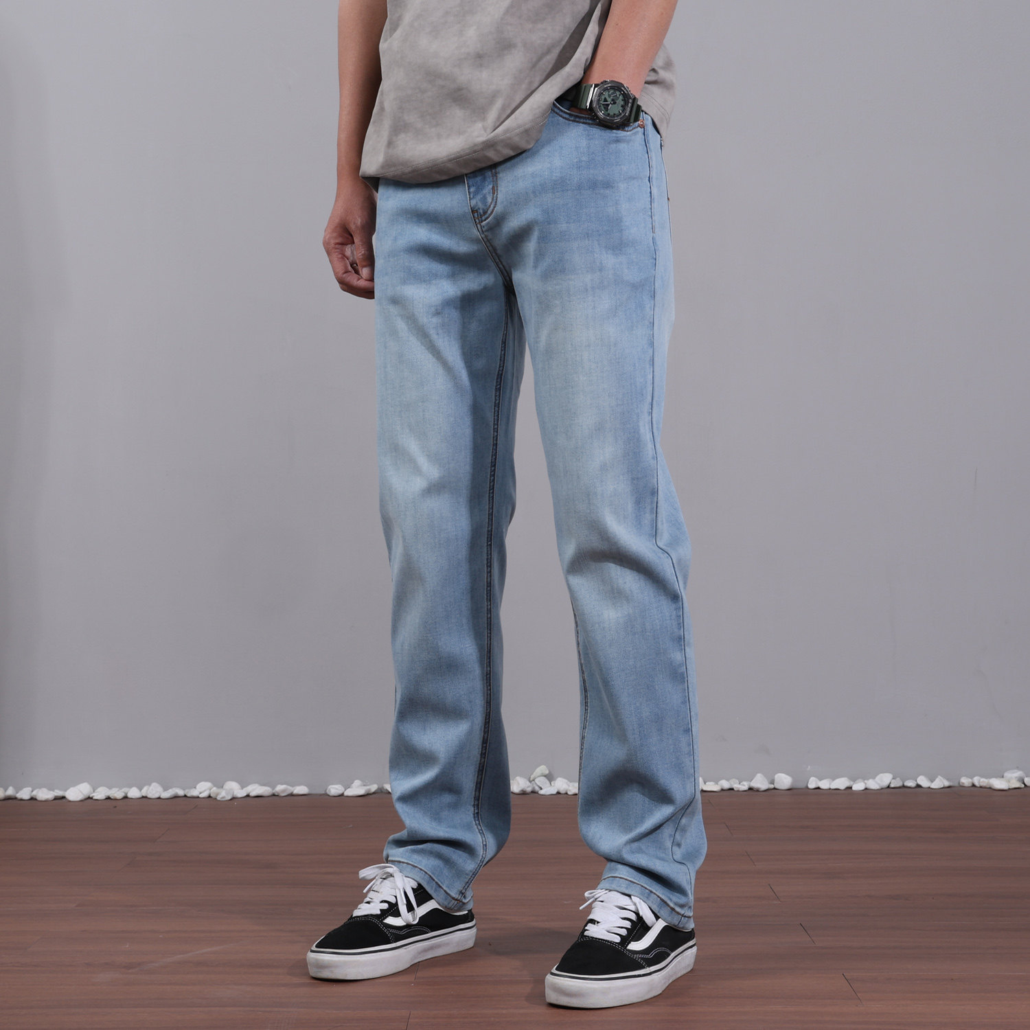 男装长裤直筒牛仔裤薄款浅色夏季宽松弹力牛仔裤男款春夏中腰男裤
