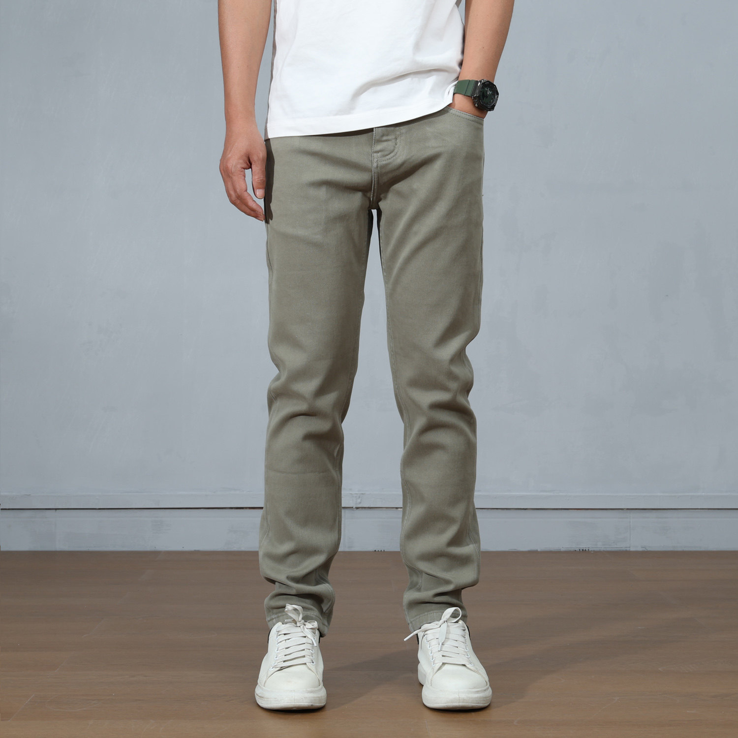 轻奢商务欧版修身弹力小直筒牛仔裤男款翡翠绿秋冬季高质感长裤子