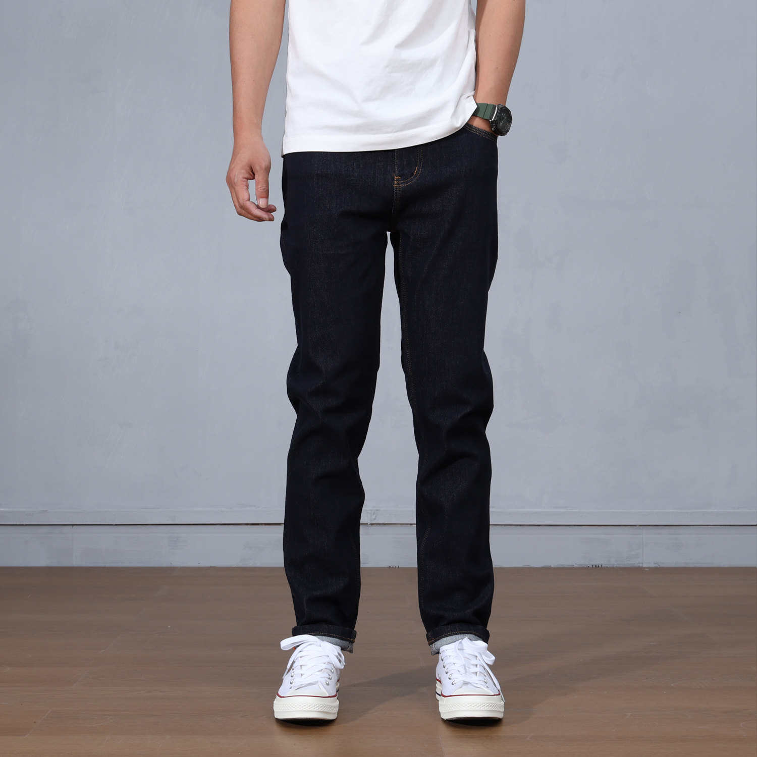 原牛男士深蓝色牛仔裤修身小直筒简约百搭长裤四面弹力男装防褪色