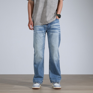 2025美式无弹秋冬水洗蓝牛仔裤男款猫须微喇叭直筒阔腿中低腰裤子