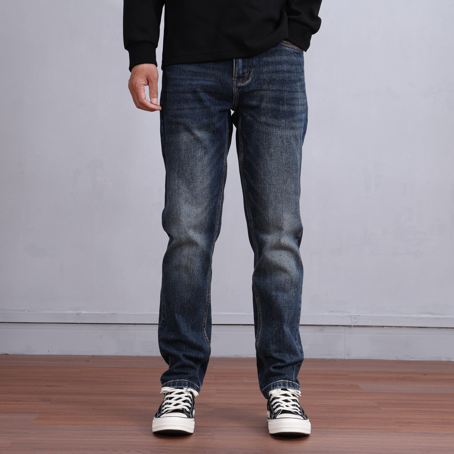 秋冬季新款合体直筒牛仔裤男小清新百搭简约弹力修身中腰男裤子