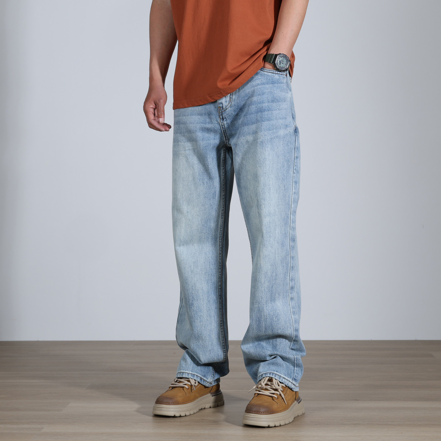 【宽松直筒】浅蓝色春季新品宽松直筒无弹青年简约百搭牛仔长裤子