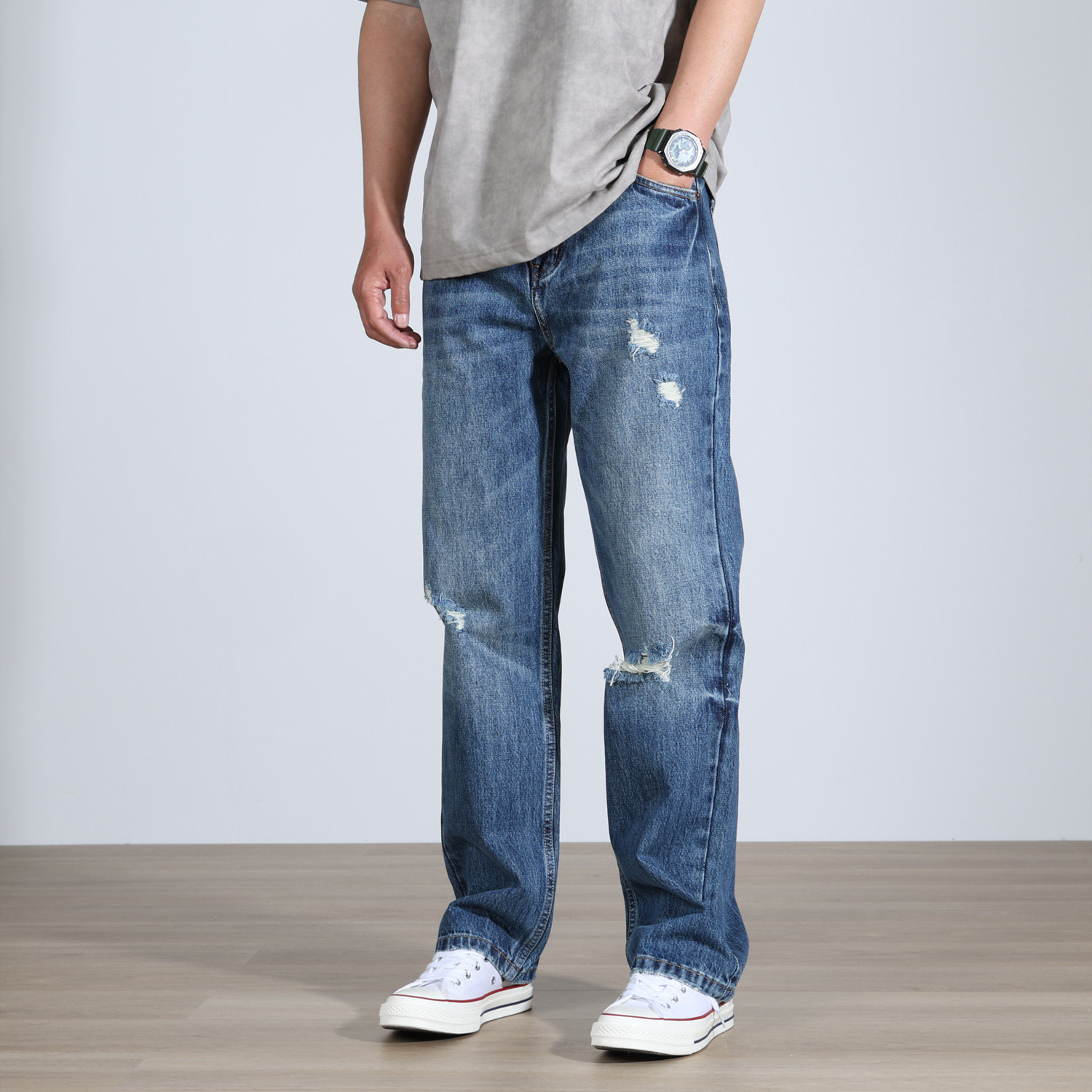 2026春季新款水洗破洞男士牛仔裤百搭大码宽松直筒乞丐个性长裤子,男装,牛仔裤,淘宝优惠券,粉丝福利购,淘宝优惠卷