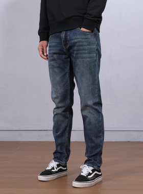 高档深蓝色牛仔裤男秋冬款棉弹力青年修身小直筒裤子有九分百搭款