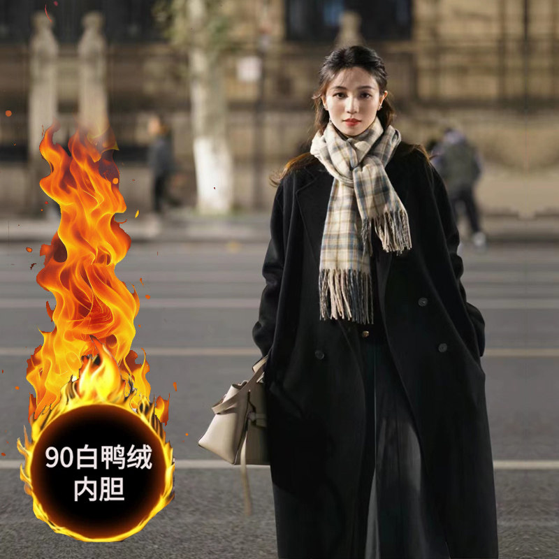 黑色双面羊毛大衣女中长款2025冬季新款韩版加厚羽绒内胆毛呢外套