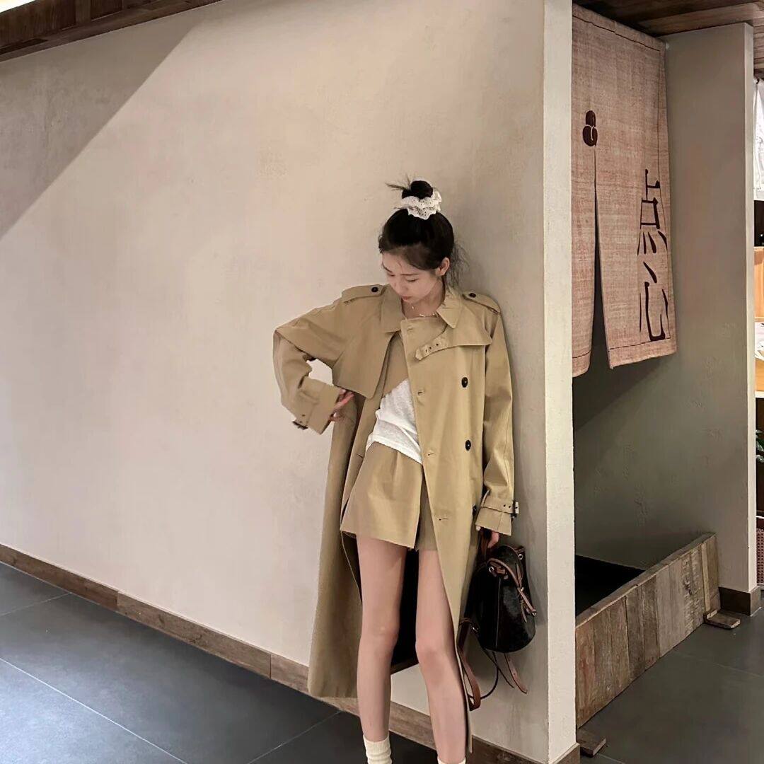 气质爆款英伦风双排扣中长款风衣外套2026春季新款小个子系带女款