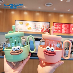 谦侣 高硼硅玻璃杯可爱女生吸管杯大肚杯600ml茶漏泡茶大嘴贴水瓶