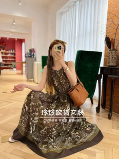2026年欧货复古宽松版型几何迷彩印花亚麻蚕丝连衣裙