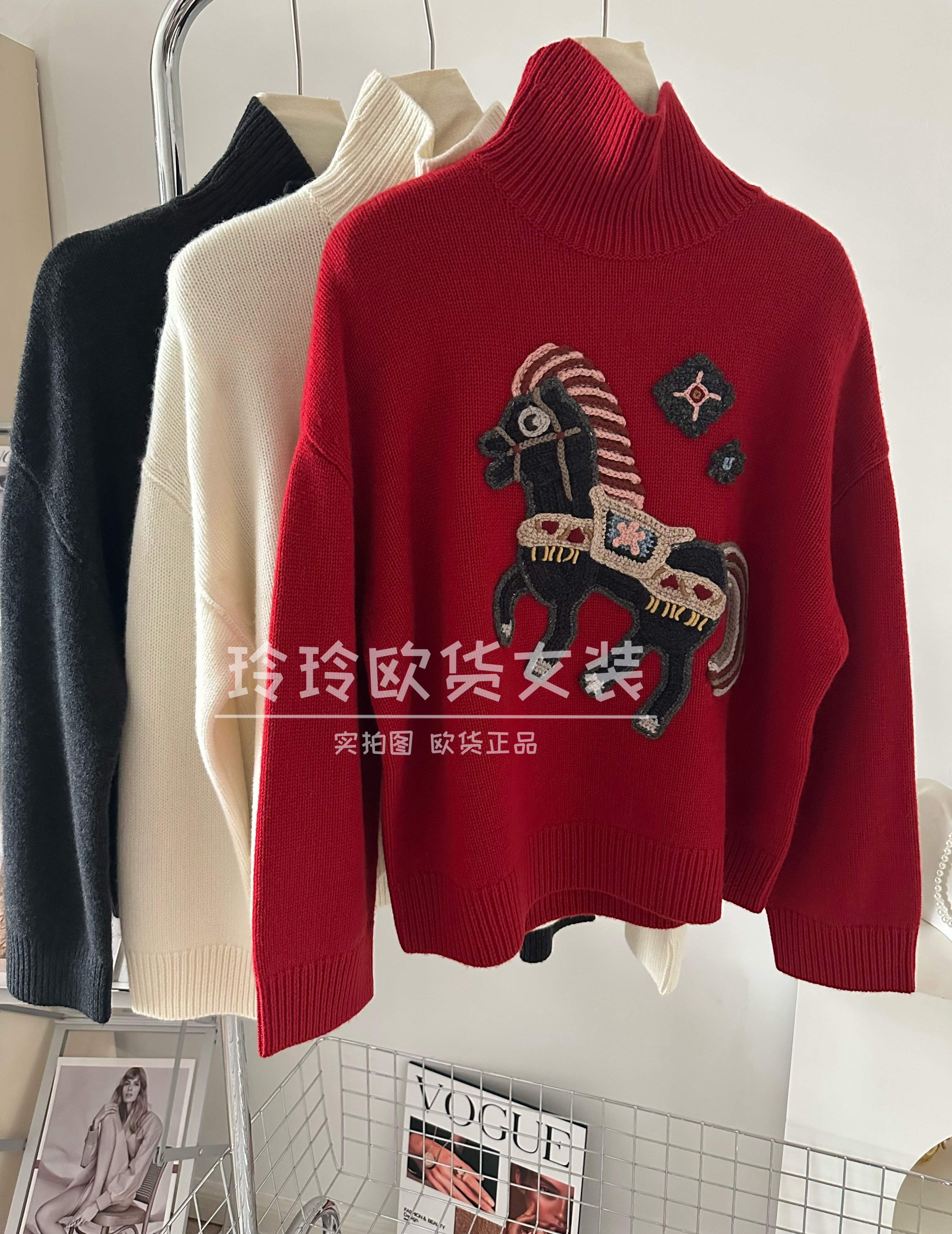 2025欧货新款高品质厚实高领刺绣小鹿100%山羊绒针织衫毛衣