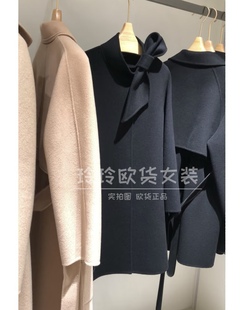 欧货正品高定 2025秋冬立领宽松纯色中长款立领飘带山羊绒大衣