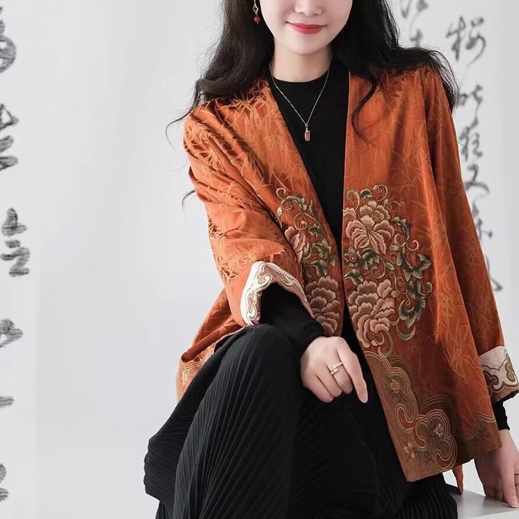 民族风大码牡丹刺绣新中式国风外套上衣女人丝混纺外套轻奢优雅