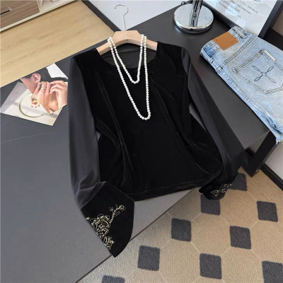 配马甲的内搭上衣国风黑色丝绒打底小衫秋季刺绣长袖新中式t恤女