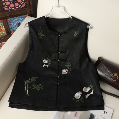 熊猫嬉竹龟纹香云纱马甲新中式国风圆领重工刺绣马夹无袖背心坎肩