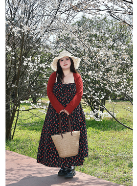 Vaee大码女装两件套红色长袖开衫外搭氛围感郁金香碎花吊带连衣裙