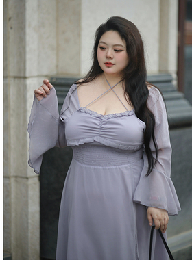 Vaee大码女装紫色连衣裙春夏设计感小众法式茶歇裙气质收腰开叉裙