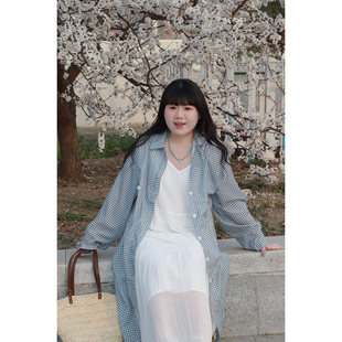 Vaee大码女装文艺复古长款格子衬衫外套白色气质V领吊带连衣裙