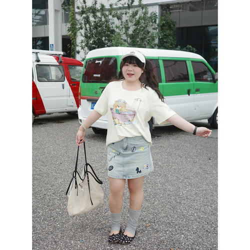 Vaee大码女装贴布印花牛仔半身裙夏季新款气质显瘦百搭a字短裙