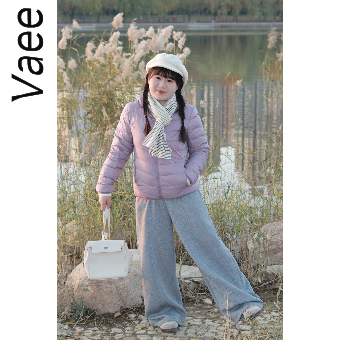 Vaee大码女装排骨羽绒服冬季短款胖mm轻薄白鸭绒休闲运动连帽外套