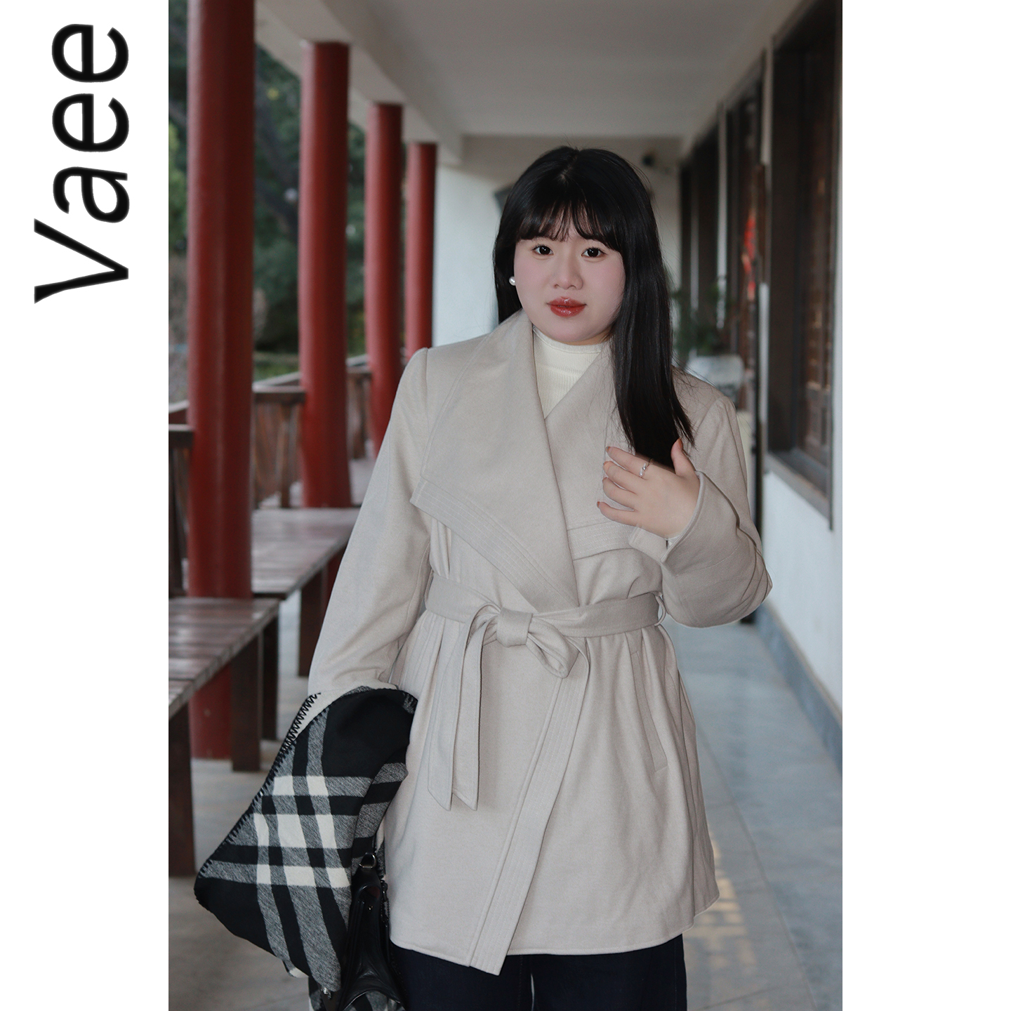 Vaee大码女装中长款通勤风衣气质收腰羽绒服秋冬高级感翻领外套