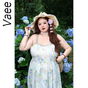 花边领吊带裙夏季 胖mm气质度假风油画感碎花连衣裙 女装 Vaee大码