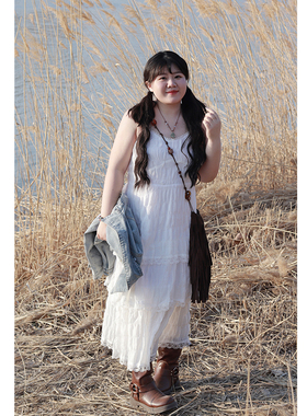 Vaee大码女装两件套春季新款牛仔短款长袖外套荷叶边吊带连衣裙