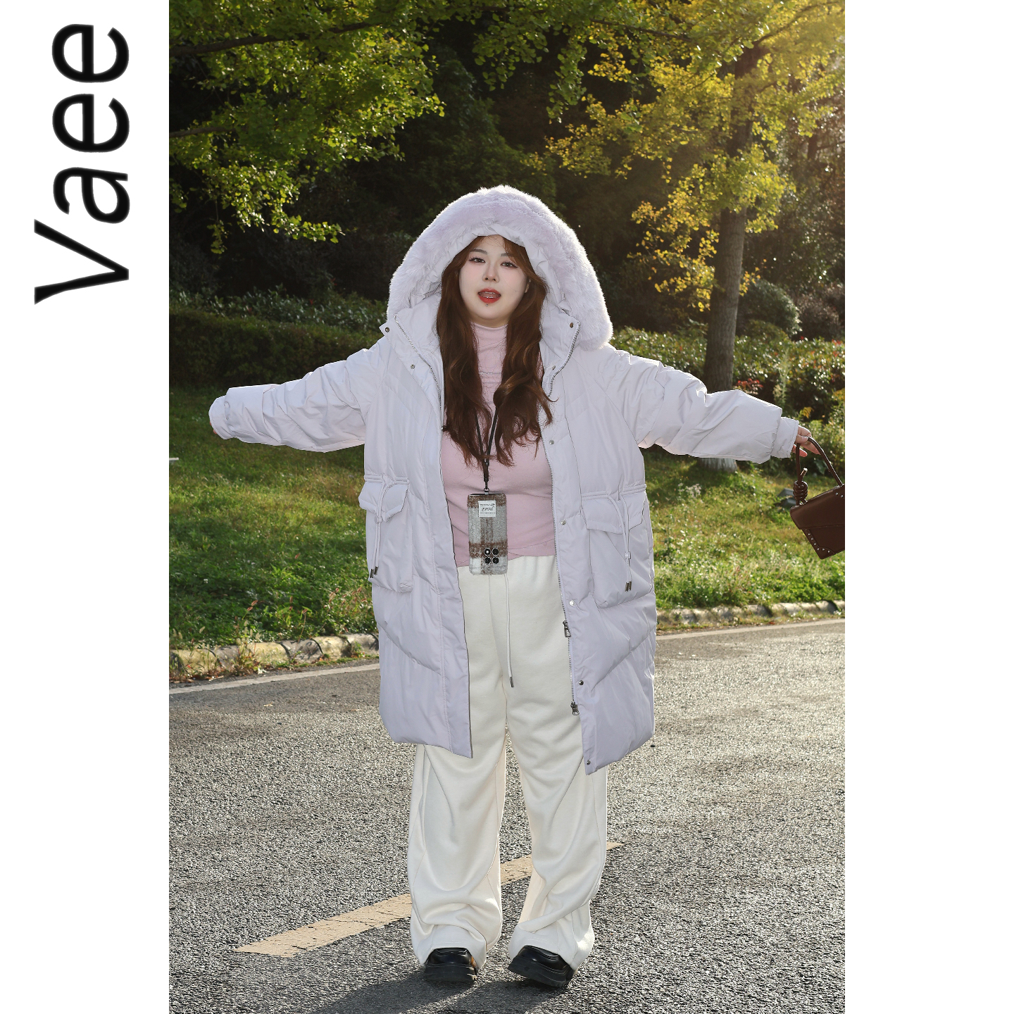 Vaee大码女装长款过膝羽绒服冬季新款胖mm保暖百搭可拆卸连帽外套