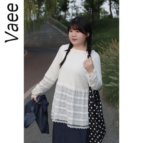 Vaee大码女装白色拼接蕾丝打底衫秋季新款胖mm花边领长袖内搭上衣