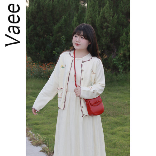 Vaee大码女装宽松显瘦百搭卡通刺绣开衫毛衣秋季小香风圆领外套