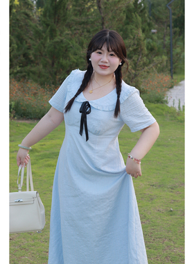 Vaee大码女装木耳边V领蝴蝶结短袖长裙夏季胖mm气质温柔风连衣裙