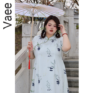 Vaee大码女装新中式改良版旗袍裙夏季胖mm设计感墨竹印花连衣裙