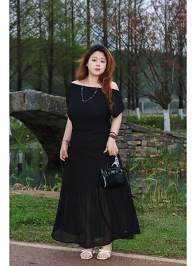 Vaee大码女装黑色性感收腰连衣裙夏季新款胖mm气质修身鱼尾长裙