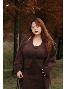 Vaee大码女装美拉德风针织三件套挂脖吊带背心鱼尾半身裙开衫外套