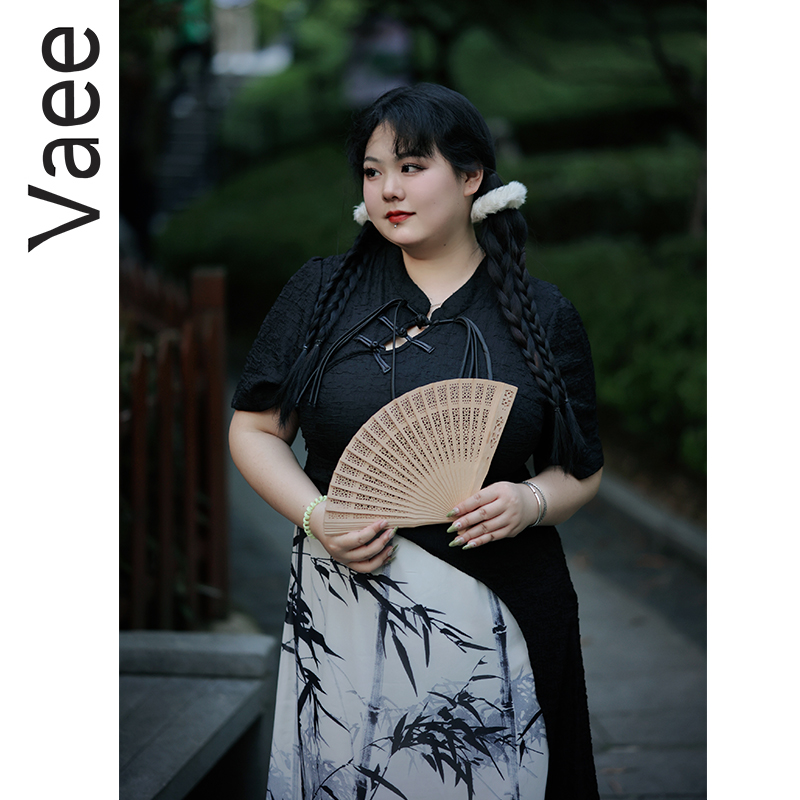 Vaee大码女装2023夏季新款连衣裙胖mm新中式改良版旗袍裙短袖裙子