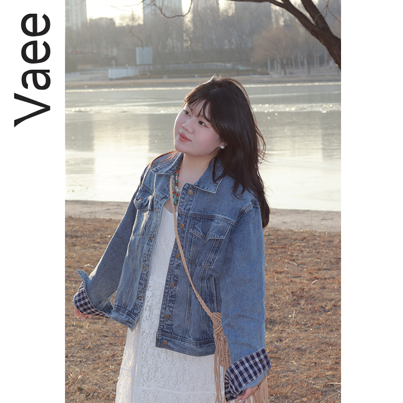 Vaee大码女装复古蓝色牛仔外套2025春季新款胖mm宽松显瘦夹克上衣