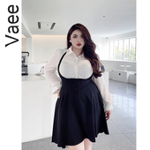 女装 上衣黑色吊带裙两件套装 胖mm春季 Vaee大码 新款 学院风衬衫 春款