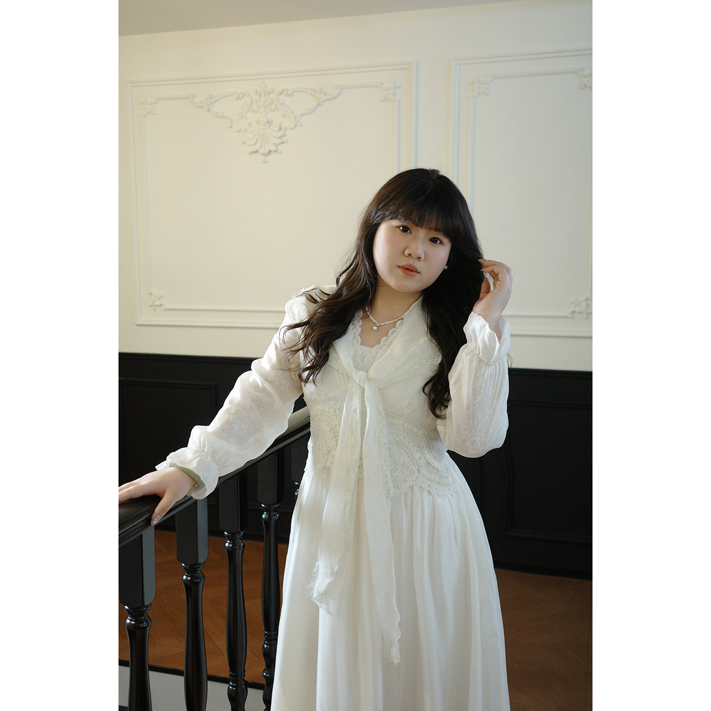 Vaee大码女装法式茶歇复古两件套蕾丝帽+气质V领长袖收腰连衣裙