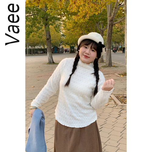 Vaee大码女装蕾丝打底衫秋冬新款胖mm气质修身显瘦半高领内搭上衣
