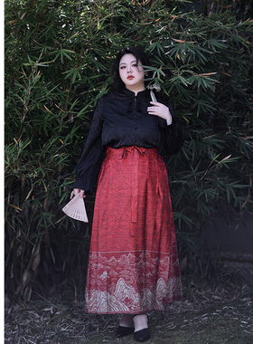 Vaee大码女装半身裙新中式织金马面裙春季新款胖mm红色缎面大摆裙