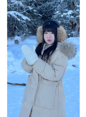 Vaee大码女装冬季新款胖mm慵懒风长款连帽貉子毛领加厚羽绒服外套