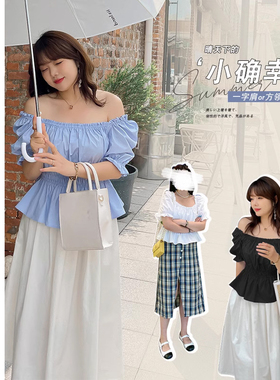 Vaee大码女装气质泡泡袖上衣女胖妹妹夏季新款一字肩性感百搭小衫