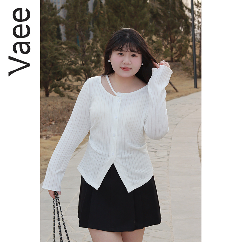 Vaee大码女装设计感不规则针织衫春季新款胖mm褶皱收腰修身上衣