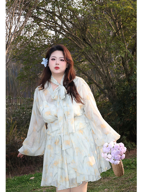 Vaee大码女装雪纺碎花绑带蝴蝶结连衣裙仙女海边度假风收腰长裙子